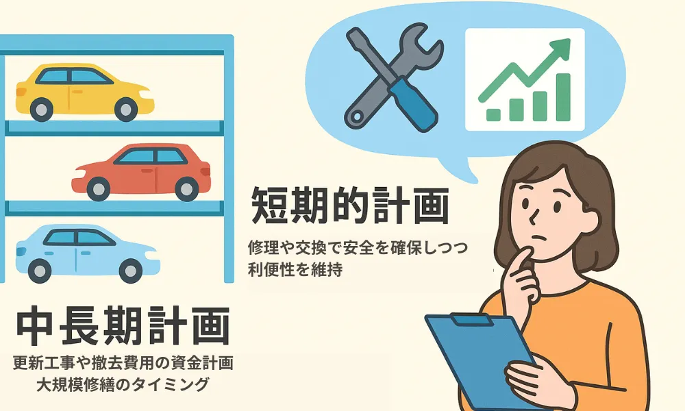 機械式駐車場のメンテナンス計画をててえるイメージイラスト