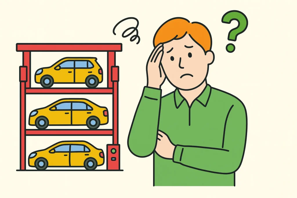 機械式駐車場のメンテナンスに悩む管理者を描いたイラスト