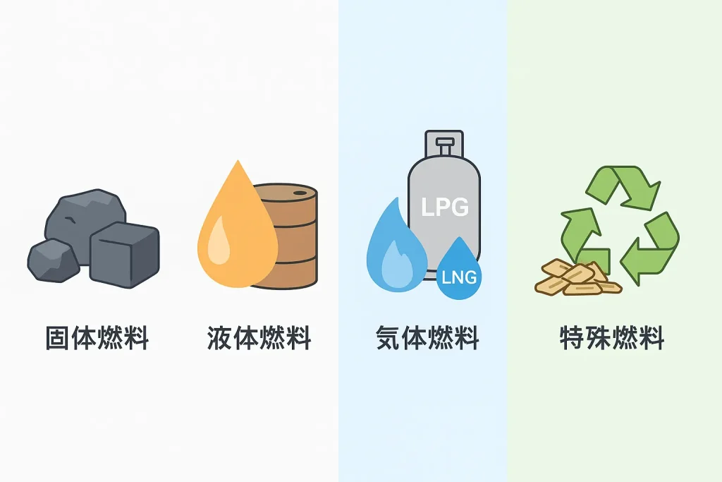固体燃料・液体燃料・気体燃料・特殊燃料の4種類を比較したイラスト。石炭、石油、ガス、バイオマスの違いを視覚的に示したイラスト