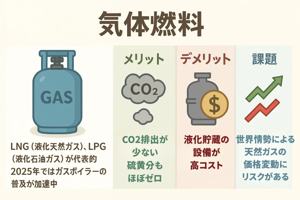 気体燃料(LNG・LPG)の特徴、メリット、デメリット、課題を図解でまとめたイラスト。CO2排出が少ない利点、液化・貯蔵設備のコスト、世界情勢による価格変動リスクを示したイラスト