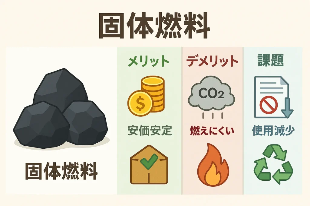 固体燃料(石炭)の特徴、メリット、デメリット、課題を図解でまとめたイラスト。安価安定の利点、燃えにくさやCO2排出量の多さ、環境規制による使用減少を示したイラスト
