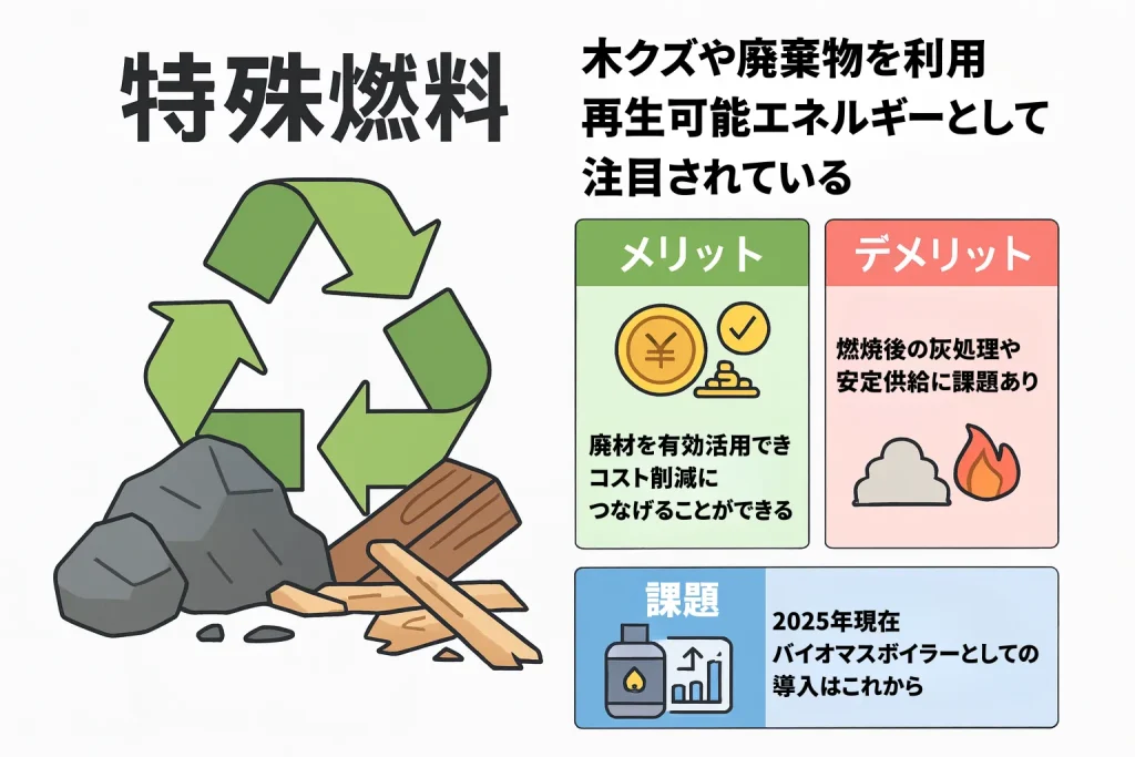 特殊燃料(木くず・廃棄物)の特徴、メリット、デメリット、課題を図解でまとめたイラスト。廃材活用によるコスト削減、灰処理や安定供給の課題、バイオマス導入がこれからである点を示したイラスト