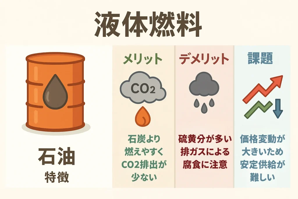 液体燃料（石油）の特徴、メリット、デメリット、課題を図解でまとめたイラスト。石炭より燃えやすくCO2排出が少ない点、硫黄分による腐食リスク、価格変動による供給課題を示したイラスト