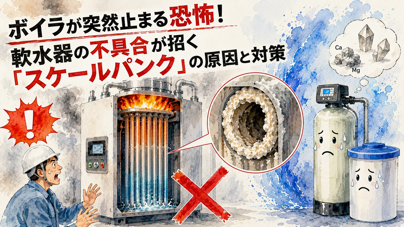 軟水器の不具合による硬度リークで発生するスケールパンクの原因と対策を解説したボイラのイラスト
