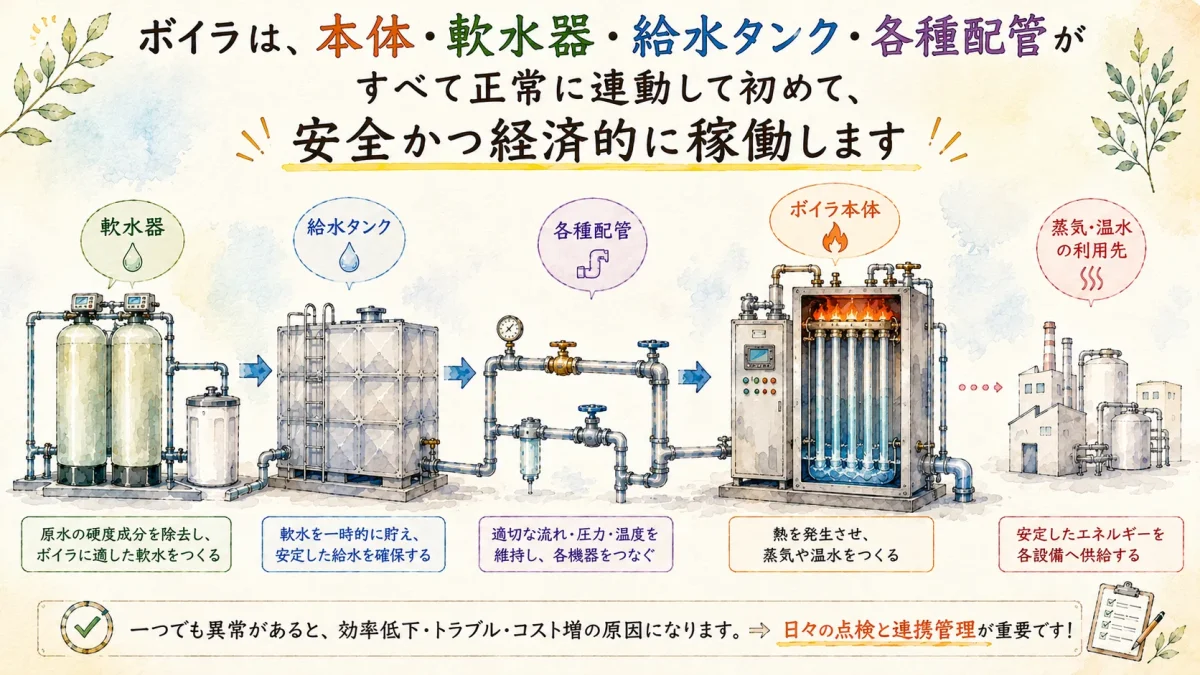 ボイラ本体、軟水器、給水タンク、配管が連携して安全かつ安定運転する仕組みを解説したイラスト