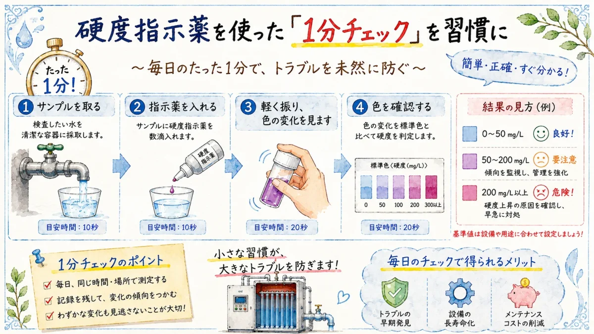 硬度指示薬を使ったボイラ給水の硬度測定手順と判定方法を解説したイラスト