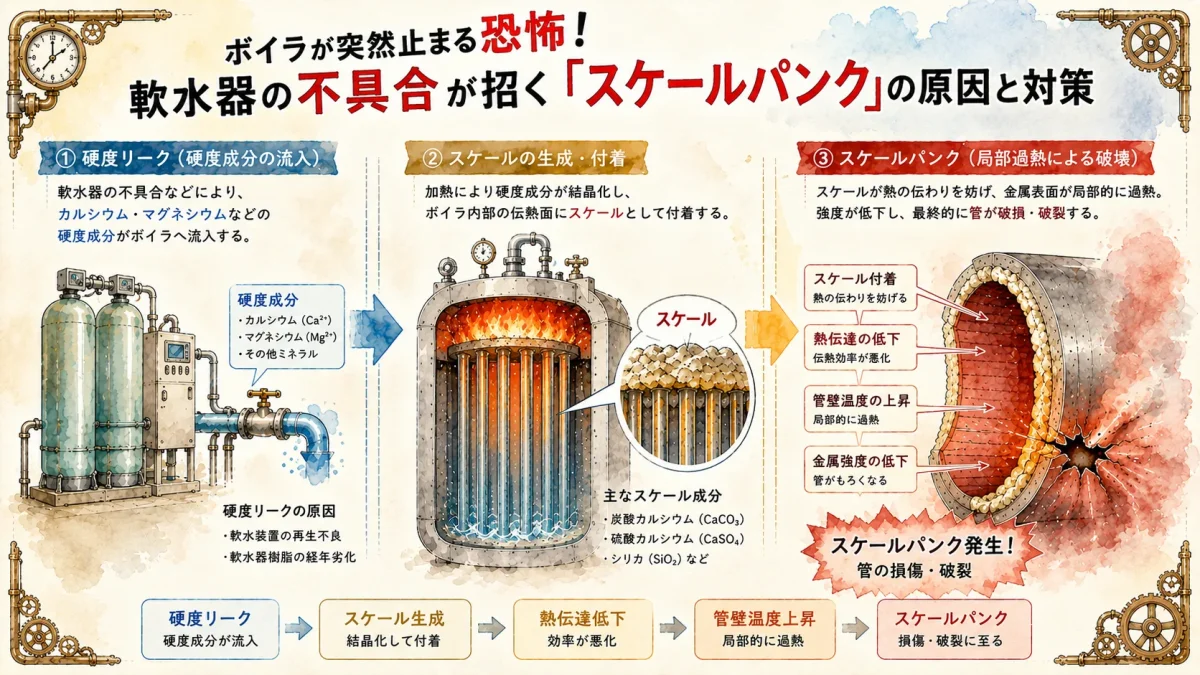 軟水器の硬度リークからスケールの付着、熱伝達の低下を経てスケールパンクが発生する仕組みを解説したイラスト