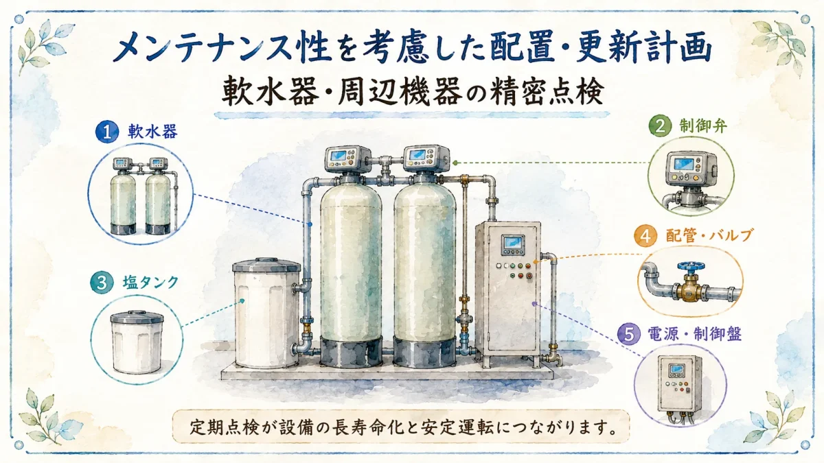 軟水器と制御弁、塩タンク、配管、制御盤の点検箇所を示したメンテナンスイラスト