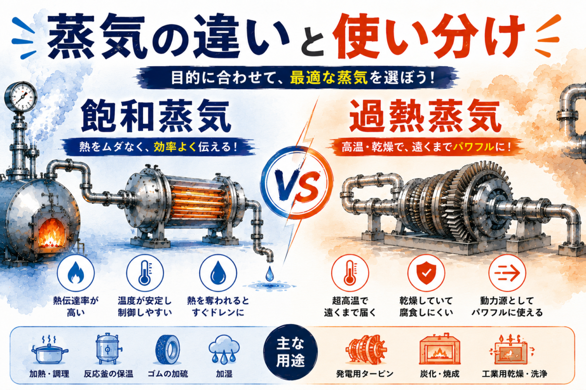 飽和蒸気と過熱蒸気の違いや使い分け、主な用途を比較・解説するイラスト