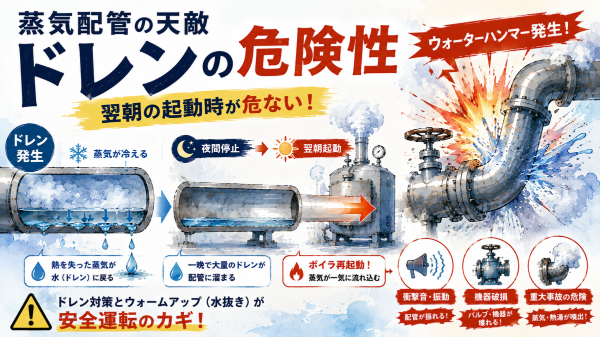 蒸気配管におけるドレンの危険性とウォーターハンマー発生のメカニズムを解説するイラスト