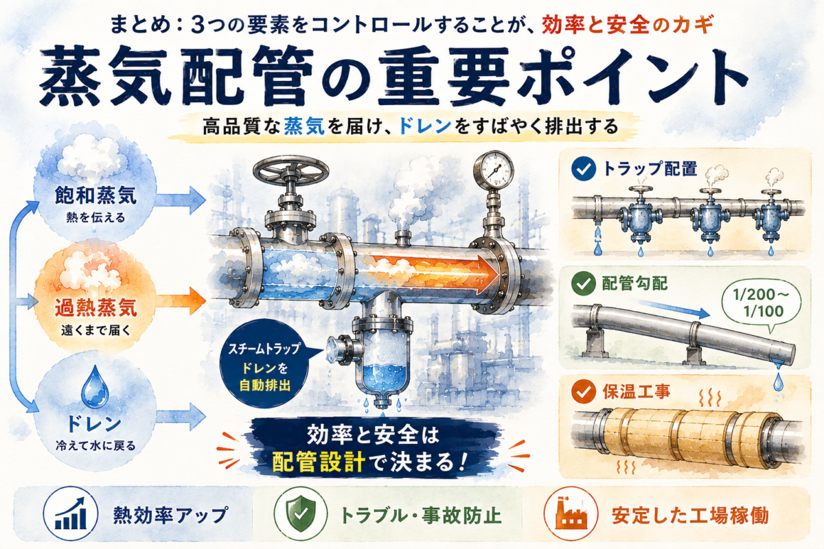 蒸気配管の重要ポイントと効率・安全を高める配管設計の要素をまとめた解説イラスト