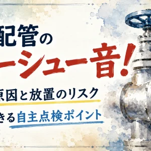 蒸気配管のシューシュー音の4つの原因と放置のリスク、自主点検ポイントを解説したアイキャッチ画像