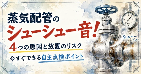 蒸気配管のシューシュー音の4つの原因と放置のリスク、自主点検ポイントを解説したアイキャッチ画像