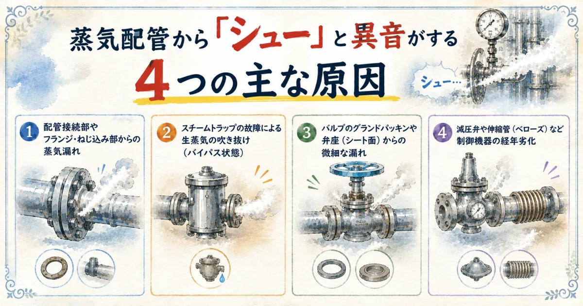 蒸気配管からシューと異音がする4つの主な原因(フランジ漏れ、スチームトラップ故障、バルブパッキン漏れ、制御機器の劣化)を示した解説図