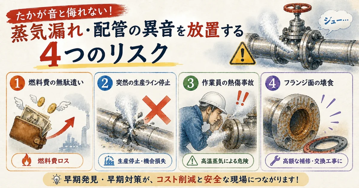 蒸気漏れや配管の異音を放置する4つのリスク(燃料費の無駄遣い、生産ライン停止、熱傷事故、フランジ面の壊食)を示した解説図