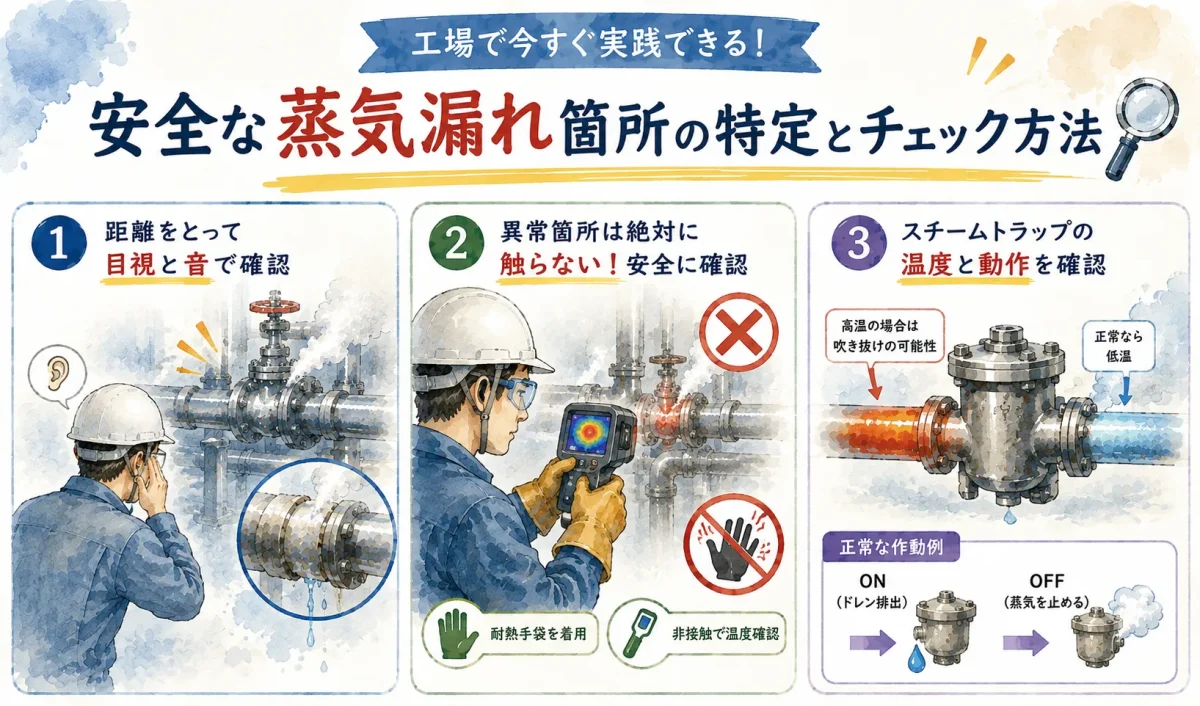工場で安全に蒸気漏れ箇所を特定する3つのチェック方法(目視・音確認、非接触での温度確認、スチームトラップ動作確認)を示した解説図