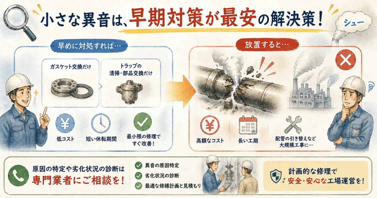 蒸気配管の小さな異音に対する早期対処の低コストなメリットと放置した場合の高額な大規模修繕のリスクを比較した解説図