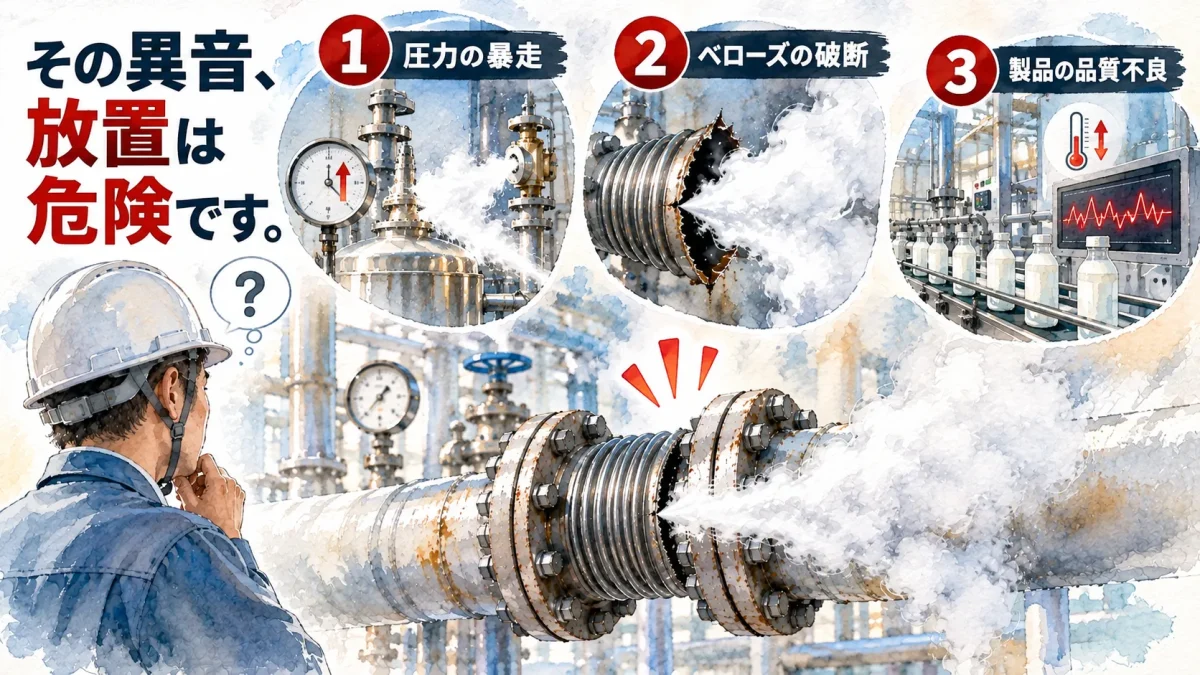 蒸気配管の異音放置が引き起こす3つの危険リスク(圧力の暴走・ベローズ破断・製品品質不良)の解説画像