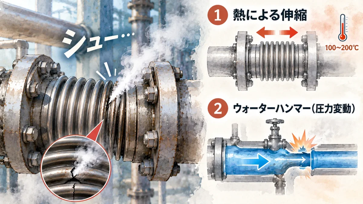 伸縮管(ベローズ)から蒸気漏れが発生する2大原因(熱伸縮とウォーターハンマー)のメカニズム図