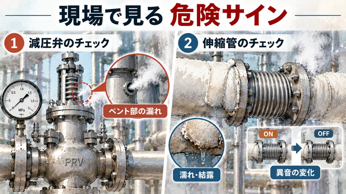 減圧弁のベント部漏れや伸縮管の結露・異音など現場で確認できる危険サインの点検ポイント