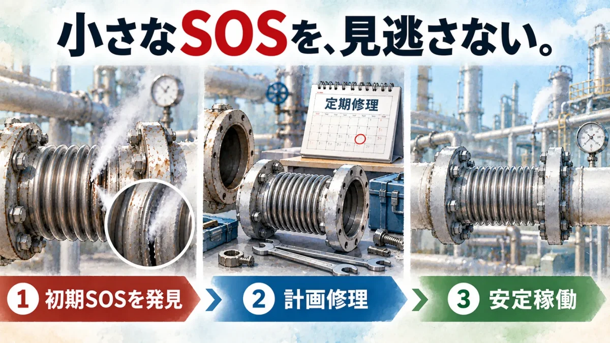 蒸気配管の初期SOS発見から計画修理・安定稼働までの設備保全ステップを示す解説画像